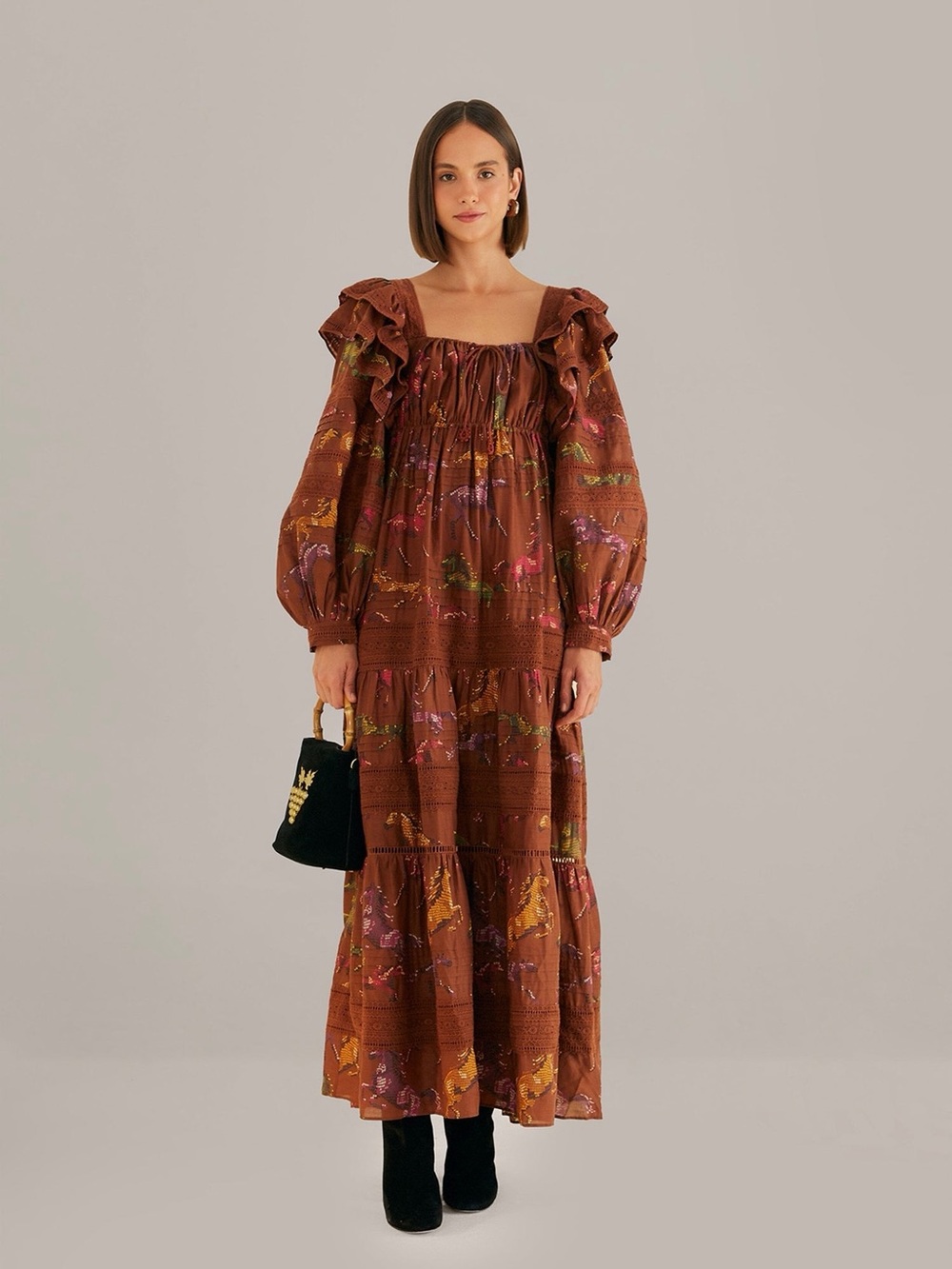 Farm Rio Brown Dotted Horses Cotton Maxi Dress
